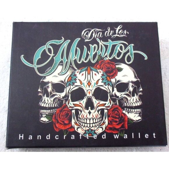 Day of The Dead Dia De Los Muertos Skull Rose Print Bi-Fold Vegan Leather Wallet - Picture 1 of 5